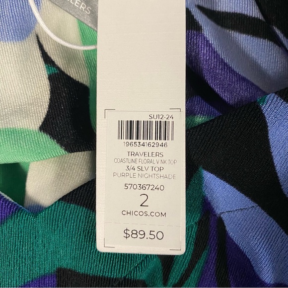 Chico’s Travelers coastline floral V-Neck stretch Top purple nightshade size L - Picture 15 of 16